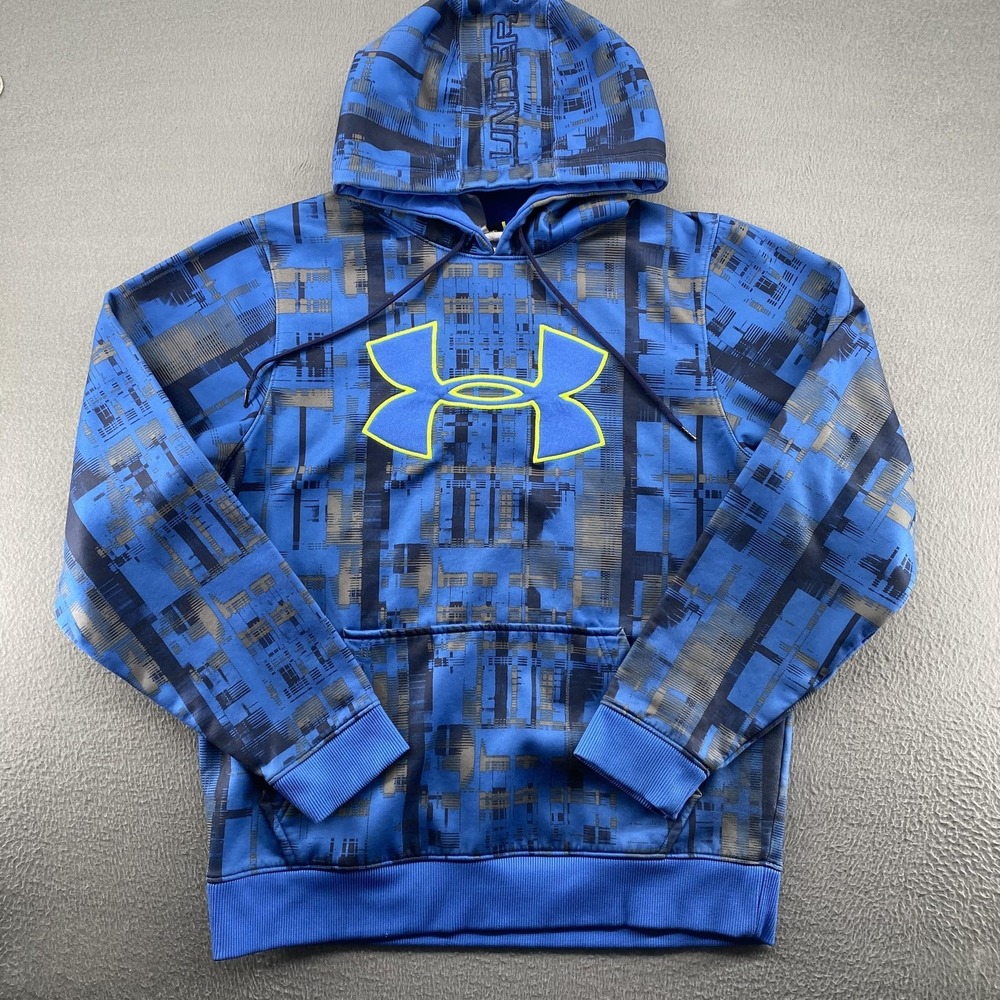 Under Armour‎ Hoodie Sweatshirt Mens Medium Blue Geo Print Fleece Pullover Logo